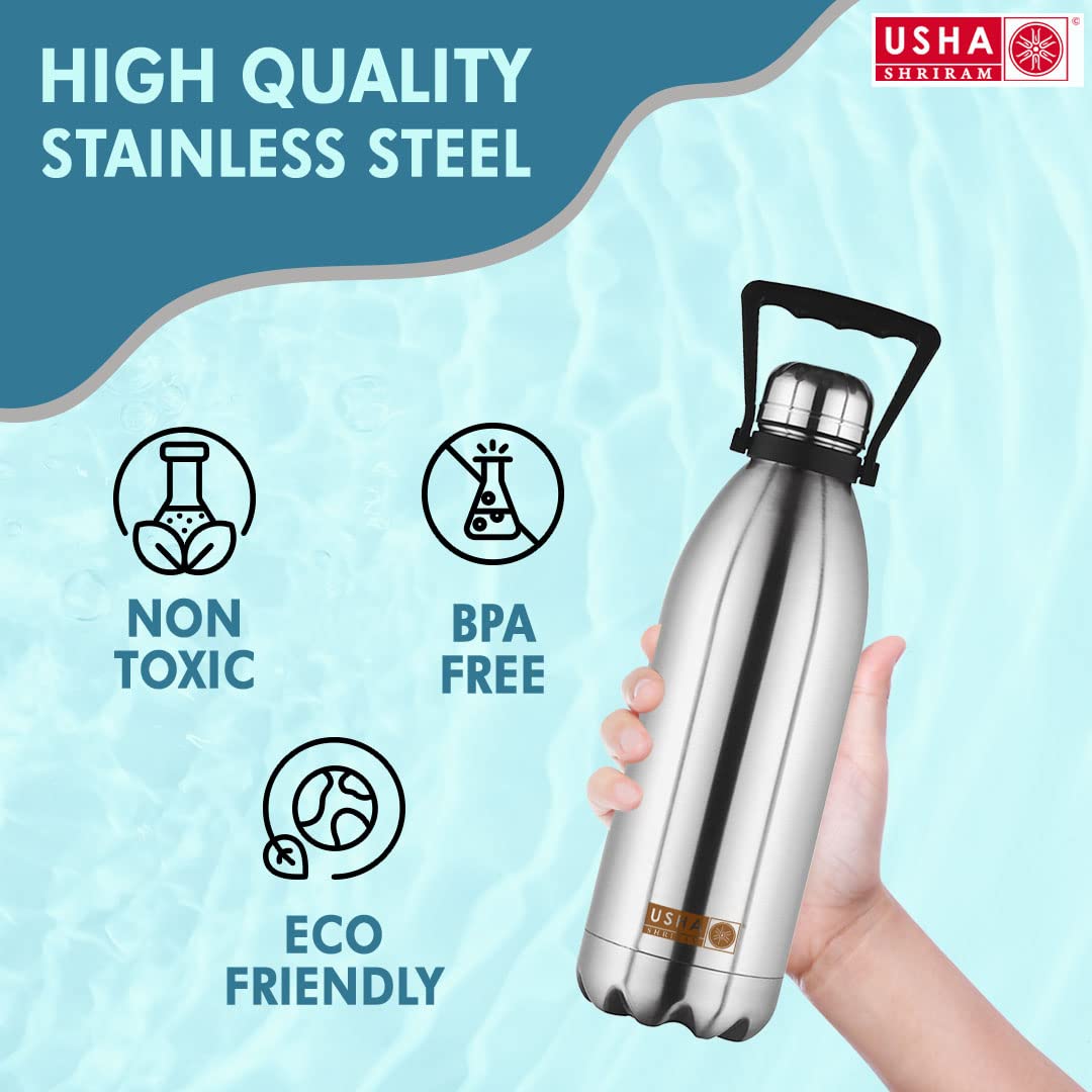 USHA SHRIRAM Insulated Stainless Steel Water Bottle | Water Bottle for Home, Office & Kids | Hot for 18 Hours, Cold for 24 Hours | Rust-Free & Leak-Proof (1.5L, Silver)