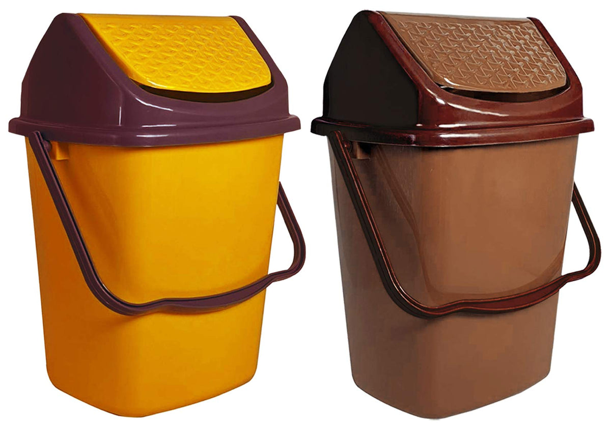 Kuber Industries 2 Pieces Delight Plastic Swing Garbage Waste Dustbin for Home, Office with Handle, 5 Liters (Yellow & Light Brown)