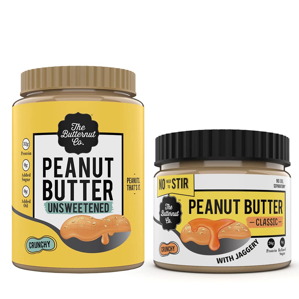 The Butternut Co. Natural Peanut Butter (Crunchy) 1kg & No stir Peanut Butter Classic with Jaggery (Crunchy) 340g | Gluten Free | Cholesterol Free | No Trans Fat | High Protein Peanut Butter