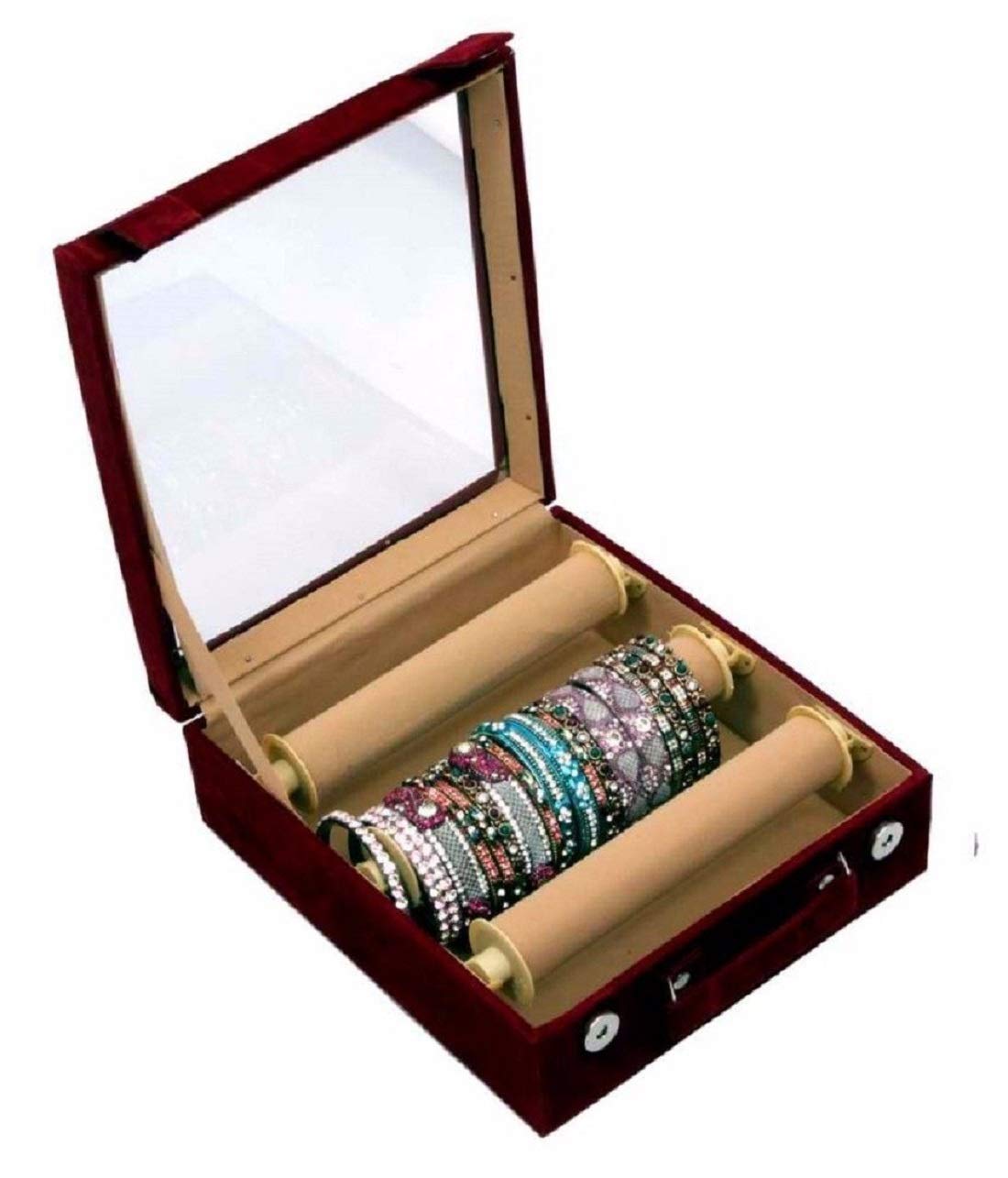 Kuber Industries Wooden Three Rod Transparent Velvet Bangle Storage Box, Maroon - CTKTC22796