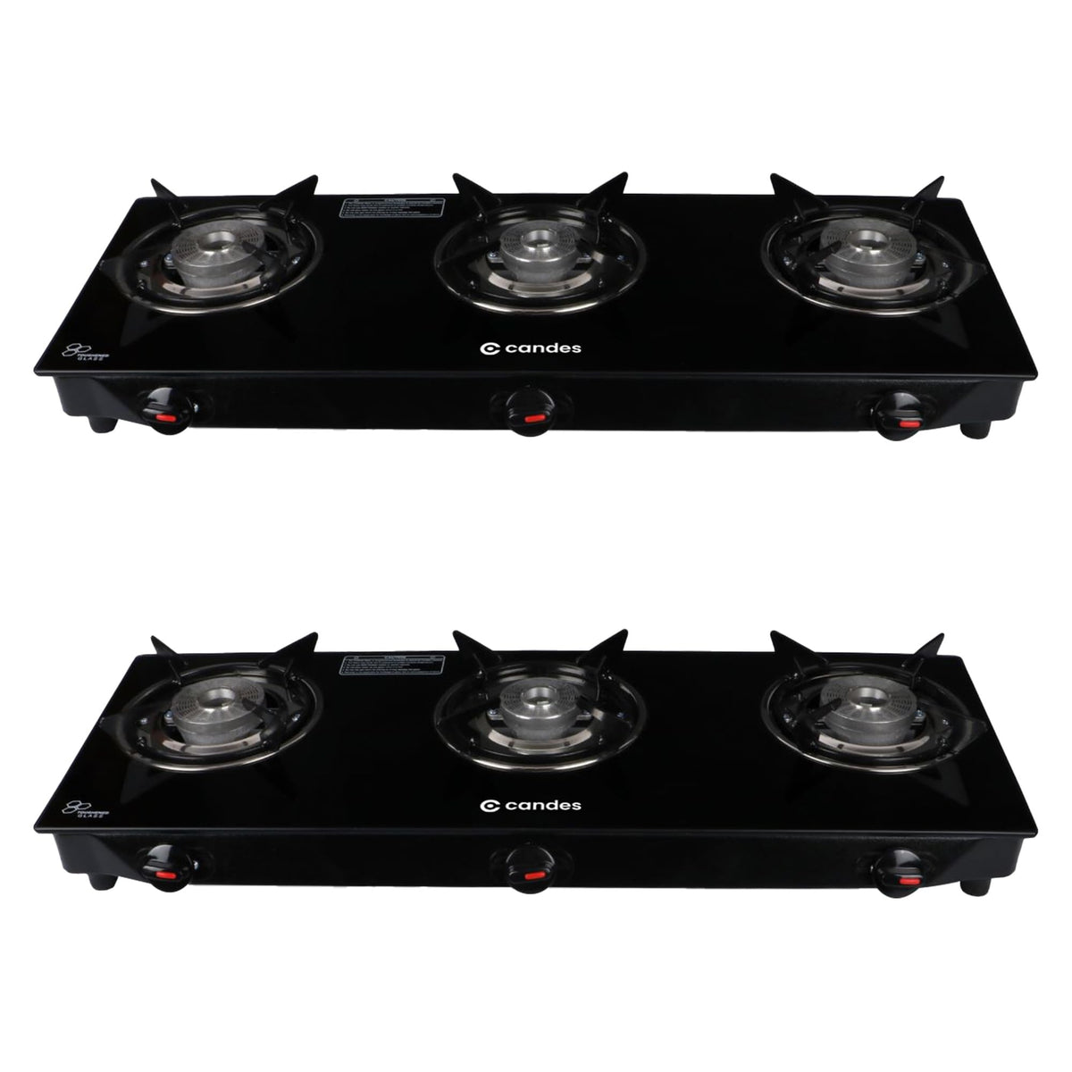 Candes Toughened Glass 3 Burner Manual Gas Stove |Die Cast Alloy Tornado Burner | Gas stove Chulha| Glass Gas stove | LPG Compatible |ISI Certified | Door Step Service, 300 Days Warranty| Pack of 2