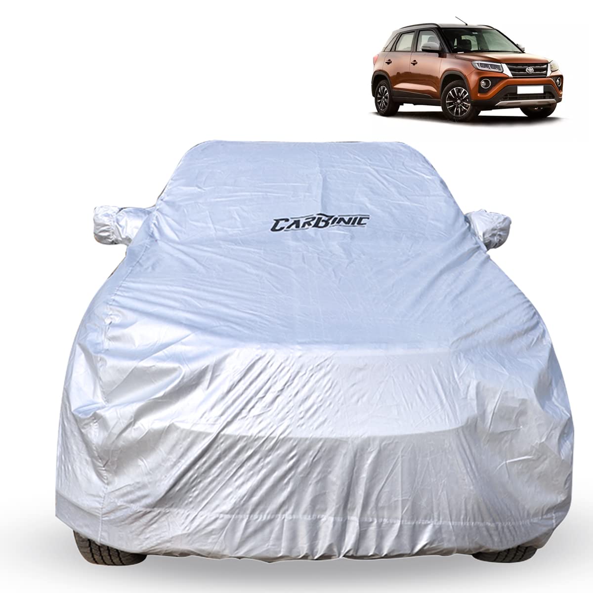 CarBinic Car Cover for Toyota Urban Crusier 2022 Water Resistant (Tested) And Dustproof Custom Fit UV Heat Resistant Outdoor Protection With Triple Stitched Fully Elastic Surface | Silver With Pockets