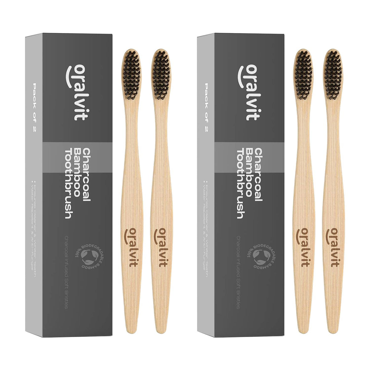 Oralvit Bamboo Charcoal Toothbrush 100% Natural | Anti-bacterial & Biodegradable | Eco-Friendly | For Adults & Kids | BPA Free - Pack of 2 (Pack of 2)