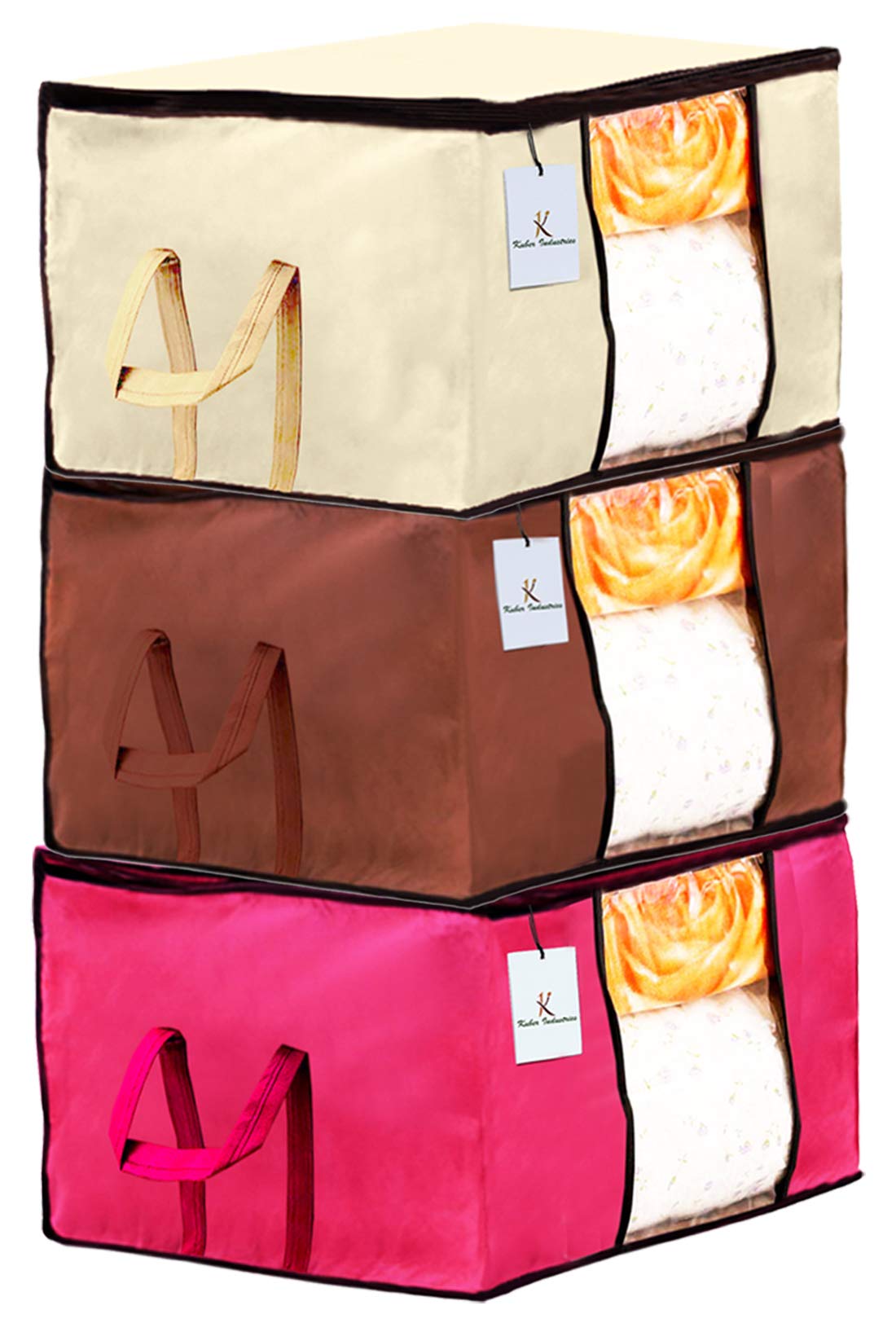 Kuber Industries Underbed Storage Bag, Blanket Cover (Ivory, Pink, Dark Brown, Extra Large) -CTKTC23893 - Set of 3