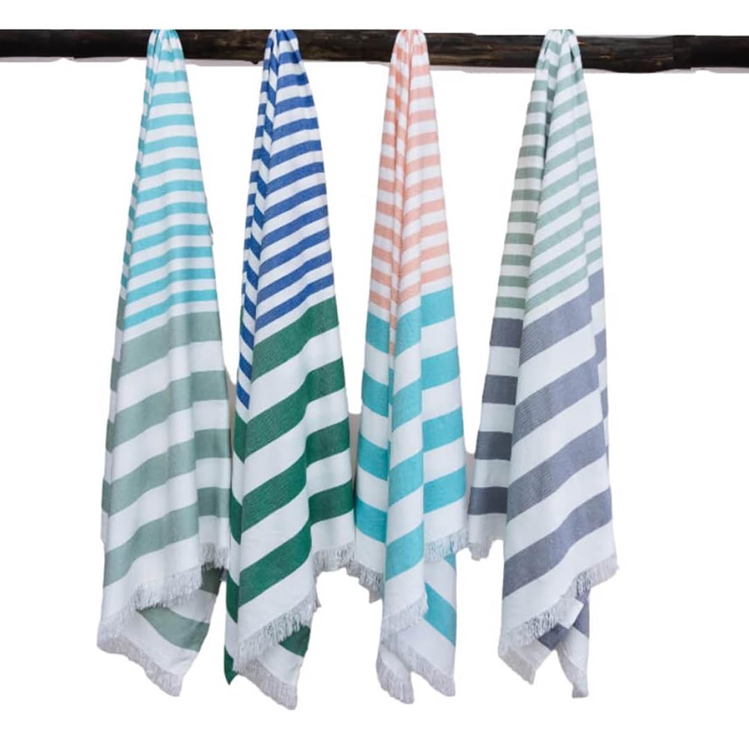 Mush 100% Bamboo Extra Large Cabana Style Turkish Towel - (90 X 160 Cms) - Ideal For Beach, Bath, Pool, Gym, Dress Towel Etc (Turquoise & Light Green , Peach & Turquoise, Blue & Green, Light Green & Grey XL- Pack of 4 )