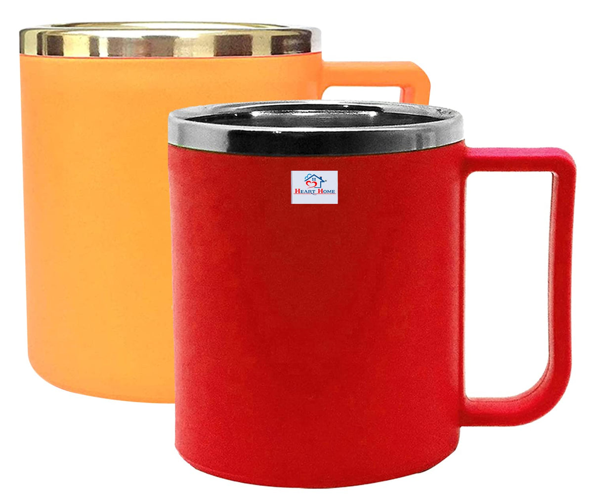 Heart Home Medium Size Plastic Steel Cups for Coffee Tea Cocoa, Camping Mugs with Handle, Portable & Easy Clean, Set of 2 (Red & Orange)