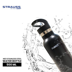 Strauss Neo Stainless Steel Water Bottle | Ideal for Gym, Home, Office, Sports, Kitchen &Travel | Leak Proof & Rust Free, 500 ml (Black)