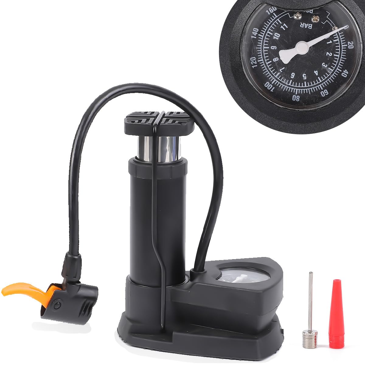 Strauss Portable High Pressure Foot Air Pump With Needle | Lightweight Compressor Air Pump For Car,Bike,Bicycle,Football,Scooter | Extra Pressure Gauge |Pump Fits Universal Presta and Schrader,(Black)