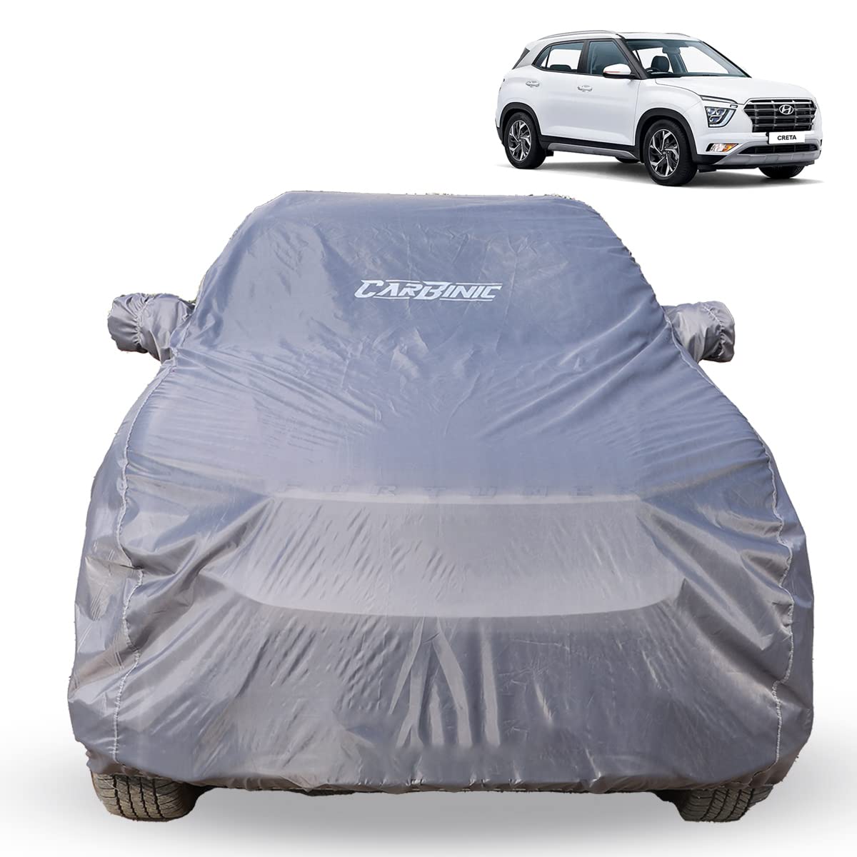 CARBINIC Car Body Cover for Hyundai Creta 2022 | Water Resistant, UV Protection Car Cover | Scratchproof Body Shield | Dustproof All-Weather Cover | Mirror Pocket & Antenna | Car Accessories, Grey