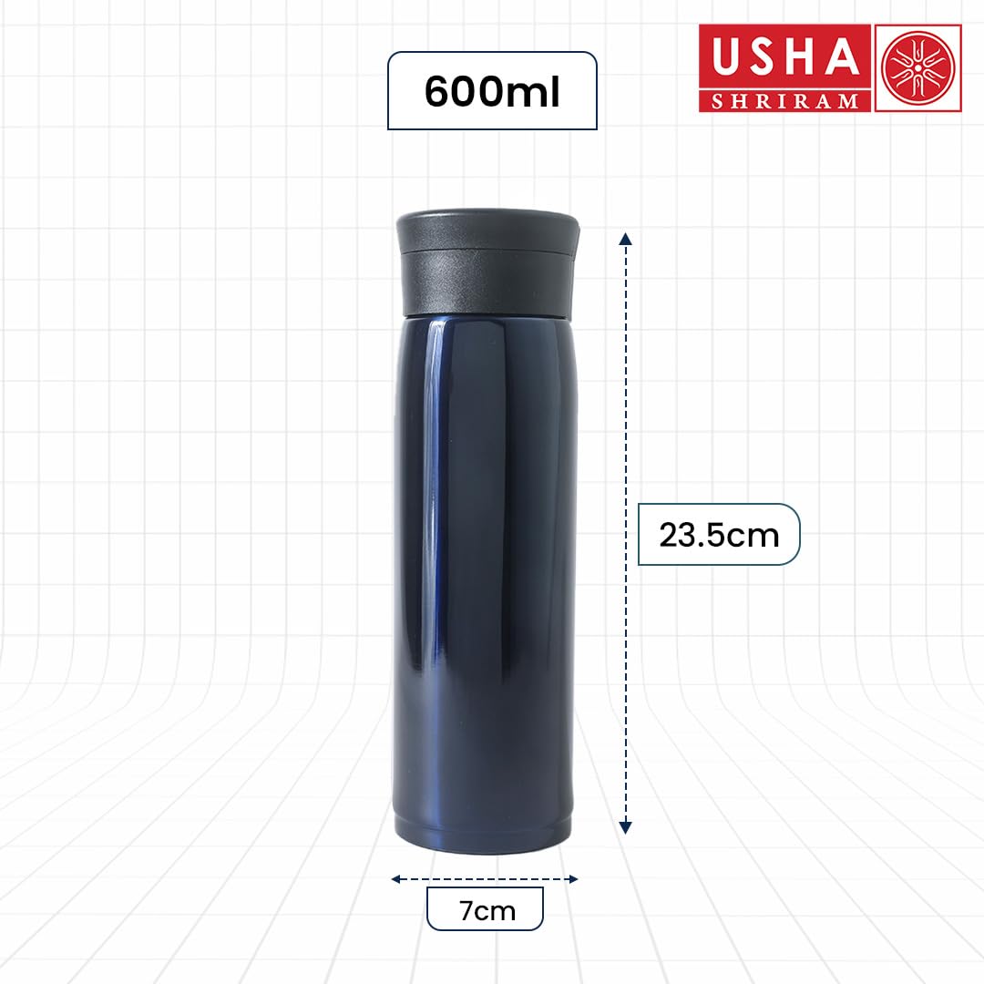 USHA SHRIRAM Insulated Stainless Steel Water Bottle | Water Bottle for Home, Office & Kids | Hot for 18 Hours, Cold for 24 Hours | Rust-Free & Leak-Proof (600 ml, Navy)