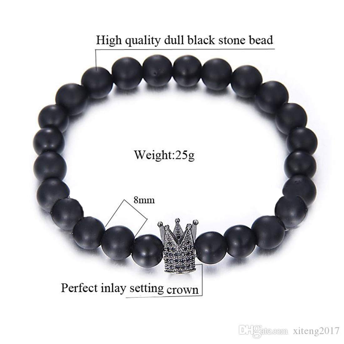 Yellow Chimes King Crown Natural Matte Black Volcanic Lava Stone Beads Stretchable Charm Bracelet for Men and Boy's