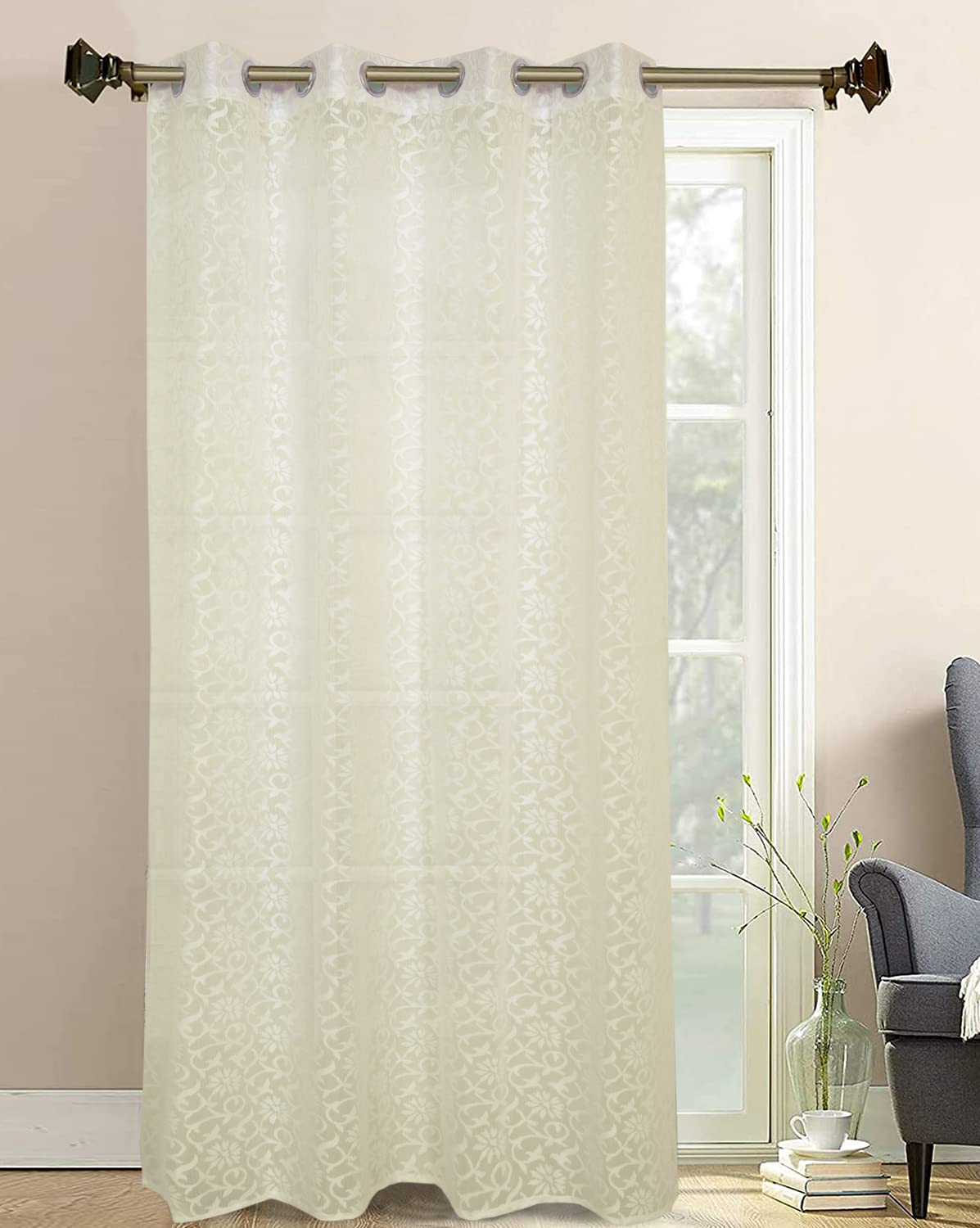 Heart Home Flower Design 7 Feet Door Curtain for Living Room, Bed Room, Kids Room with 8 Eyelet (Cream) 54HH3941.