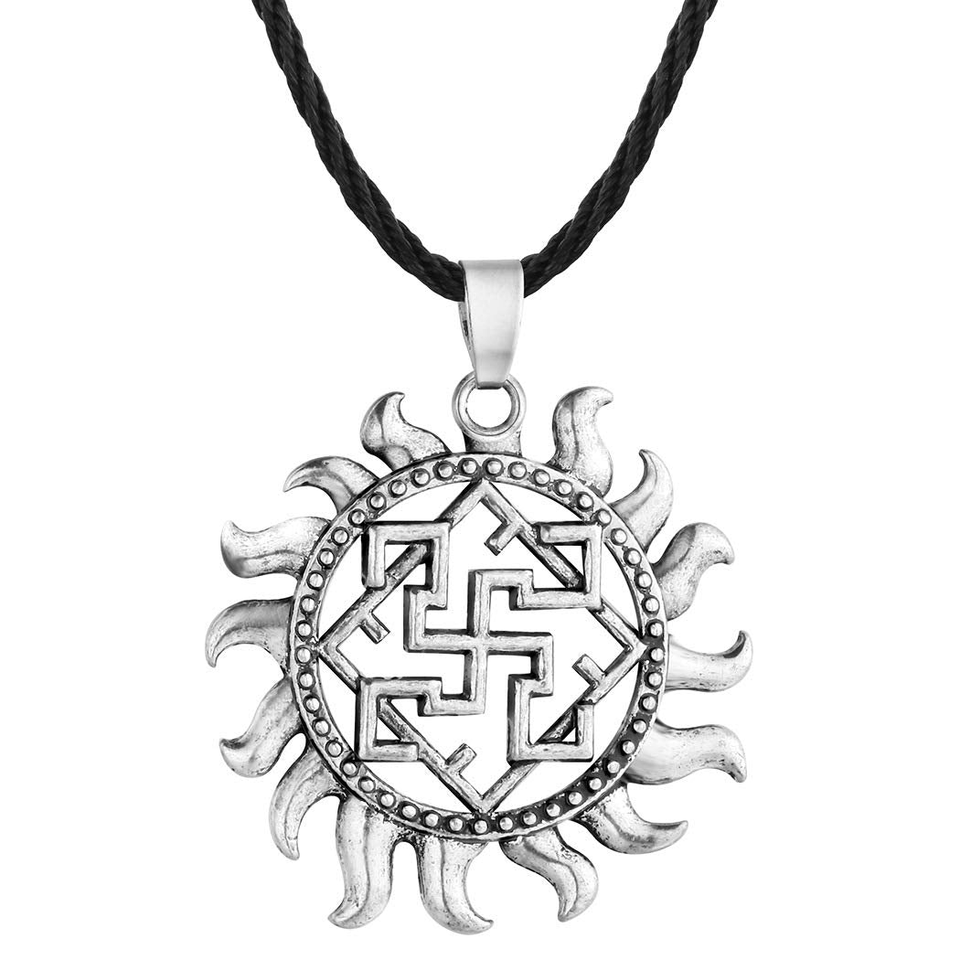 Yellow Chimes Silver Plated God Sun Swastika Symbol Black Leather Rope Pendant Necklace for Men and Women