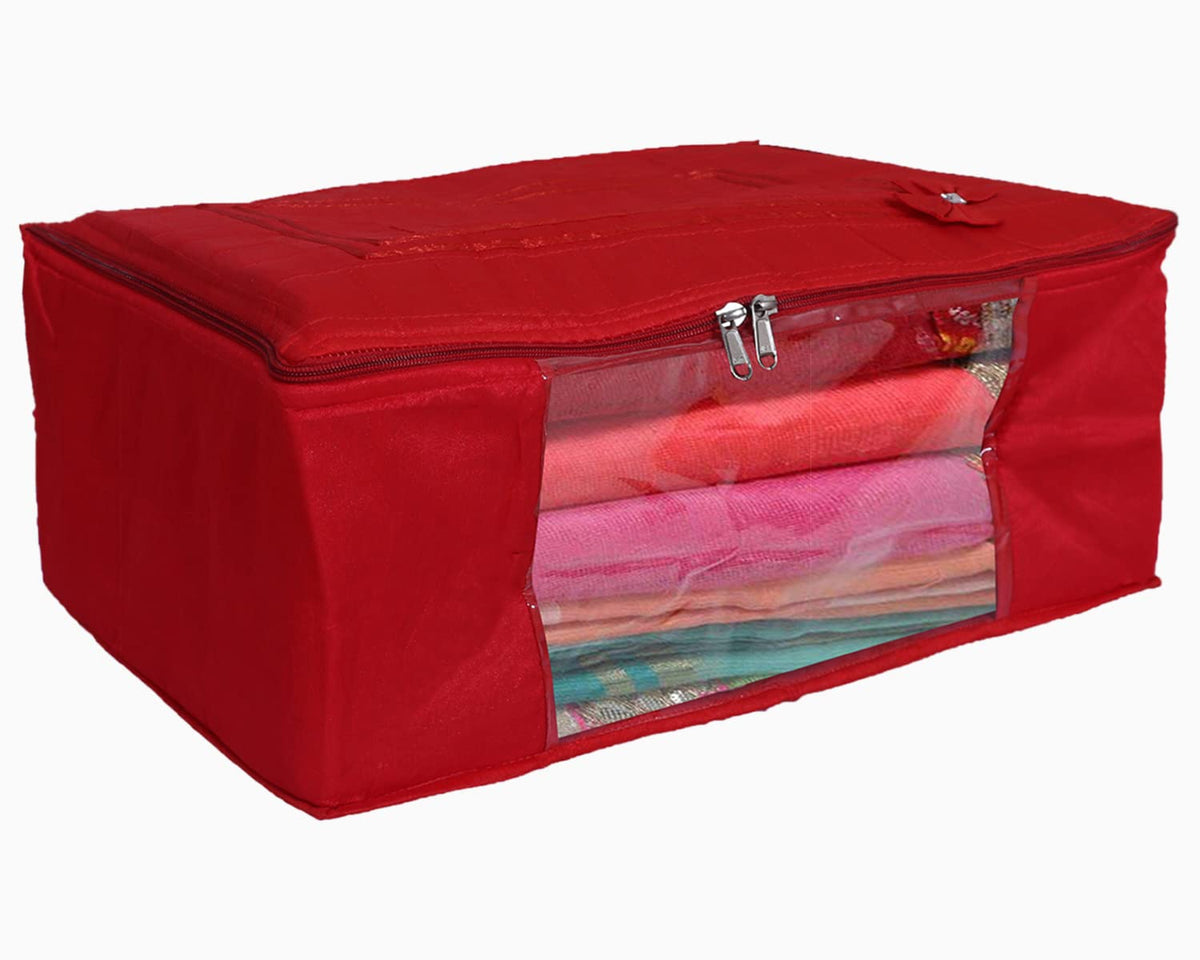 Kuber Industries Multiuses Foldable Cotton Saree Covers/Clothes Storage Bag/Wardrobe Organizer With Transparent Window (Red)