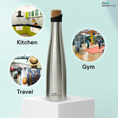 The Better Home Insulated Stainless Steel Water Bottle with Cork Cap | 18 Hours Insulation | Pack of 10-750ml Each | Hot Cold Water for Office School Gym | Leak Proof & BPA Free | Silver Colour