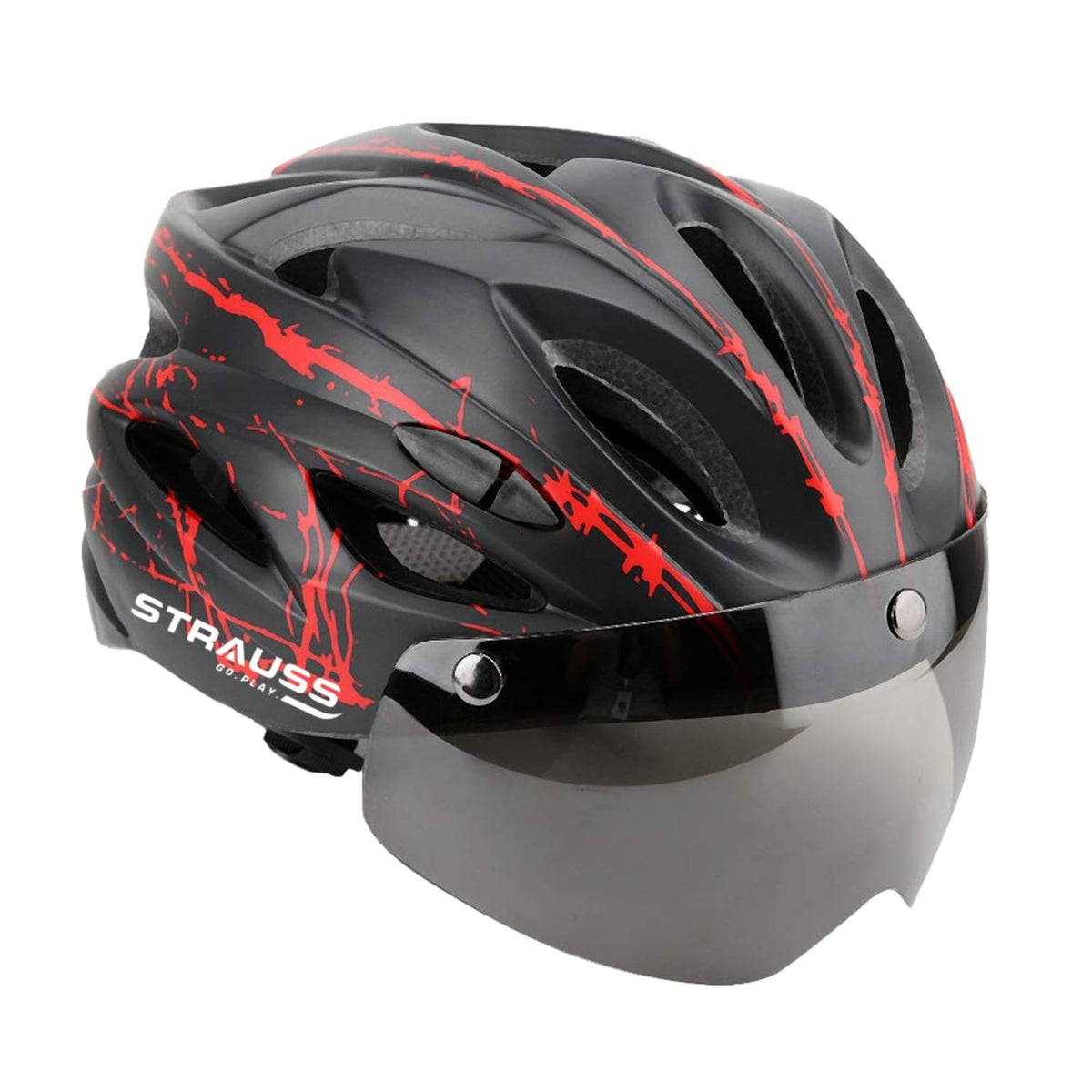 Strauss Cycling Helmet with Magnetic Goggles | Light Weight with Superior Ventilation | Mountain, Road Bike & Skating Helmet | Adjustable Strap | Ideal for Men and Women, (Red/Black)