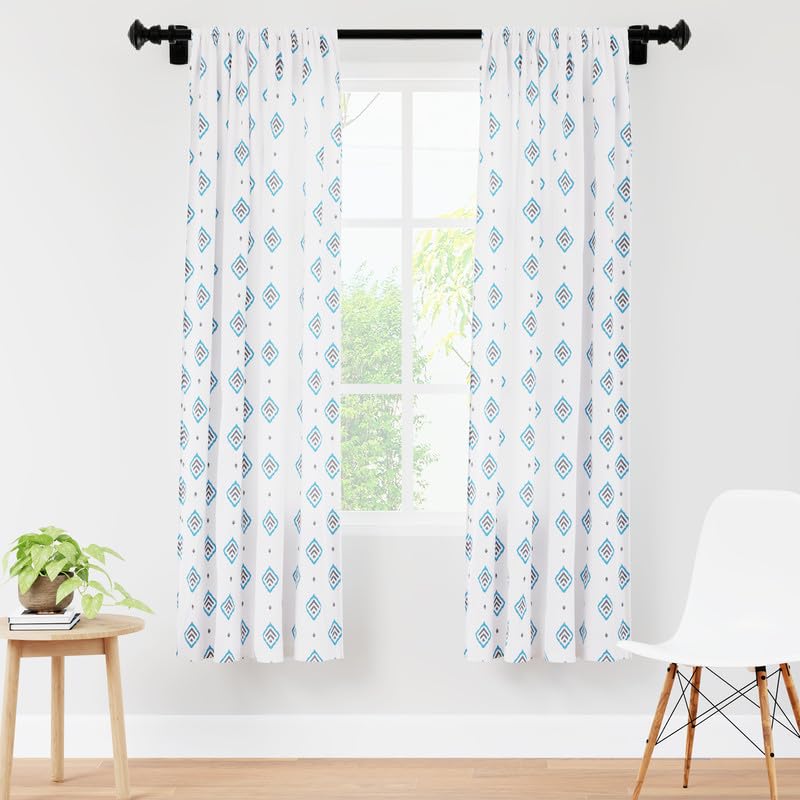 Encasa Homes Polyester Printed Window Curtain for 6 ft with Tie Back, Rod Pocket, Light-Filtering, Curtains for Kitchen, Bedroom, Living Room (140x183 cm), Diamond Turq, Set of 2