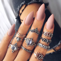 Yellow Chimes 10 Pieces Combo Flower Design Vintage Style Midi Finger Silver Oxidised Knuckle Rings Set for Women and Girls (YCFJRG-R193FLOR-C-SL)