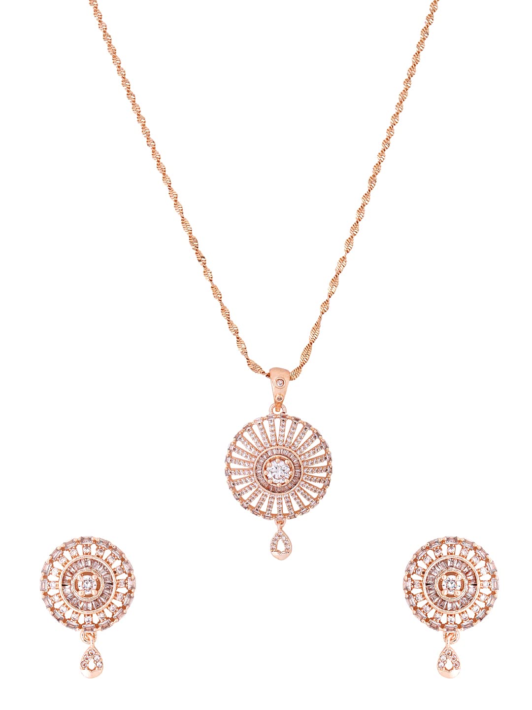 Yellow Chimes Pendant Set for Women and Girls Traditional Rosegold American Diamond Pendant Set for Girls | Rose Gold Plated AD Pendant and Earrings Set | Birthday Gift for girls and women Anniversary Gift for Wife