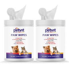 Petvit Nose and Paw Wipes for Eliminates Bacteria, Virus, Fungus, Odor - Fragrance Less 50 Wipes |for All Age Group | Pack of 2