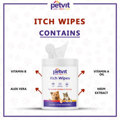 Petvit Itch Wipes for Relief Skin Irritations and Scratching |with Aloe Vera Gel & Neem Extract| | Paraben Free & pH-Balance -for All Breed Dog & Cat - 50 Wipes for All Age Group