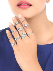 Yellow Chimes 10 Pieces Combo Flower Design Vintage Style Midi Finger Silver Oxidised Knuckle Rings Set for Women and Girls (YCFJRG-R193FLOR-C-SL)