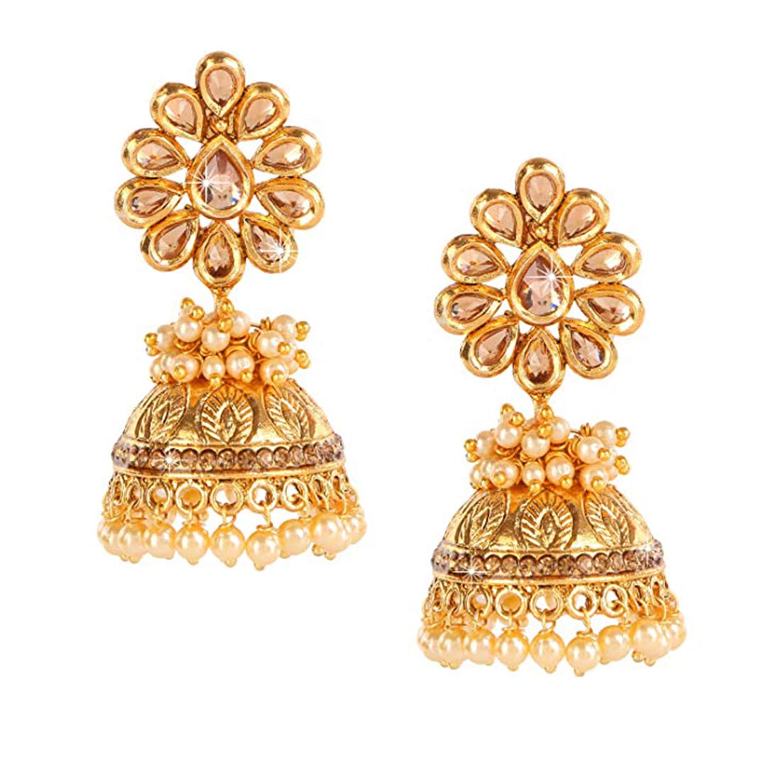 Yellow Chimes Floral Stylish Bandhani Work Kundan Pearl Gold Plated Jhumka Earrings for Women and Girls