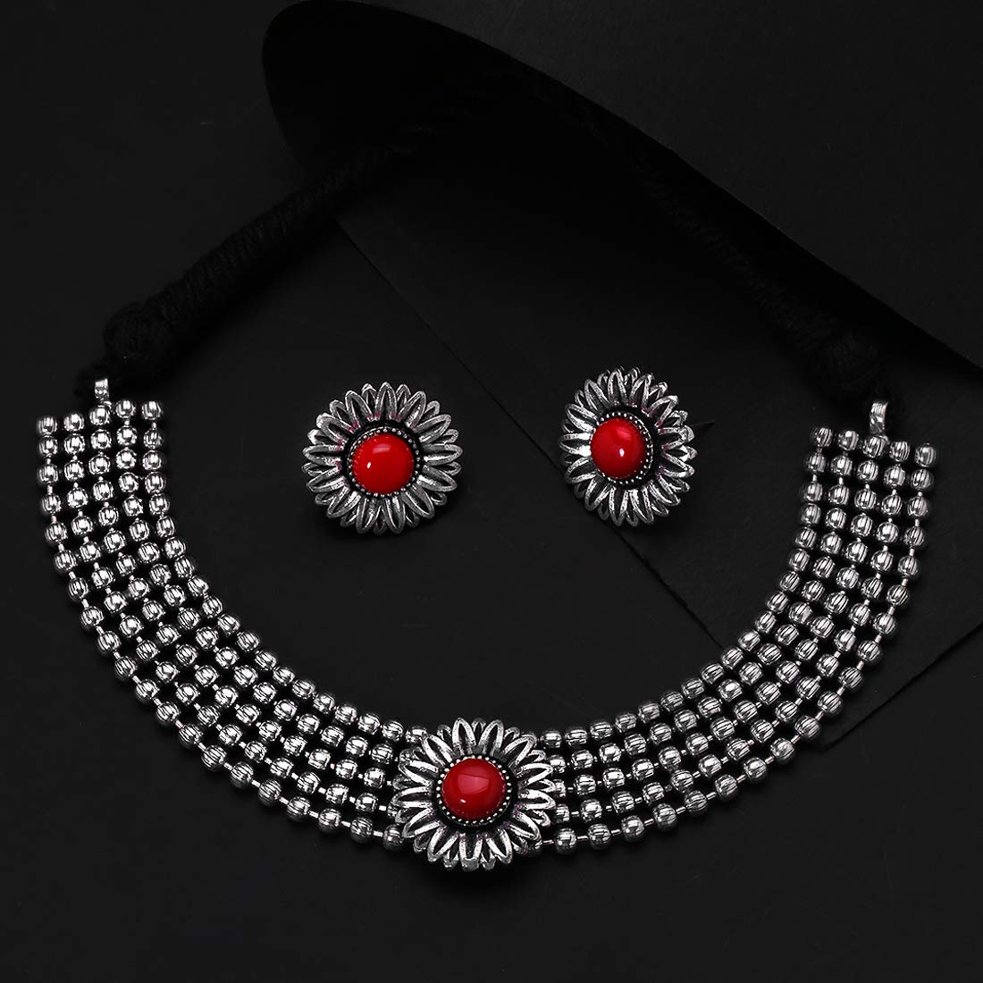 Yellow Chimes Jewellery Set for Women and Girls Traditional Silver Oxidised Jewellery Set Red Choker Set | Floral Shaped Choker Necklace Set for Women | Birthday Gift For Girls and Women Anniversary Gift for Wife