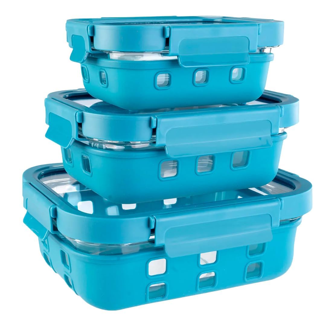 The Better Home UMAI Glass Food Containers Set of 3 Blue | Silicone Sleeves & Lock Lids | Kitchen containers set | Microwave-Safe Fridge Storage Boxes | Glass Lunch Box | 1050ml 640ml 370ml