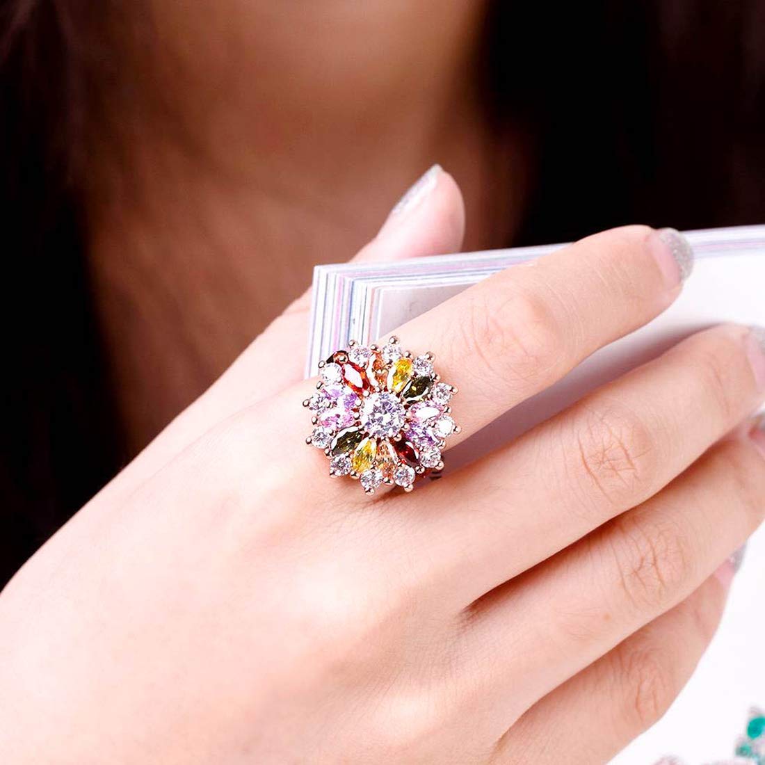 Yellow Chimes Rings for Women Multicolor Floral Ring Sparkling Glamourously Swiss Zircon Multi Color Rose Gold Plated Adjustable Ring for Women and Girls.
