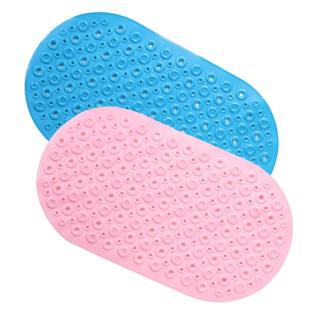 Savya Home Pack of 2 Nonslip Soft Rubber Bath Mat, Rain Mat for Bathtub and Shower, Anti Slip, Anti Bacterial, Machine Washable PVC Bath Mat for Bathroom | 65 x 36 cm |Blue & Light Pink