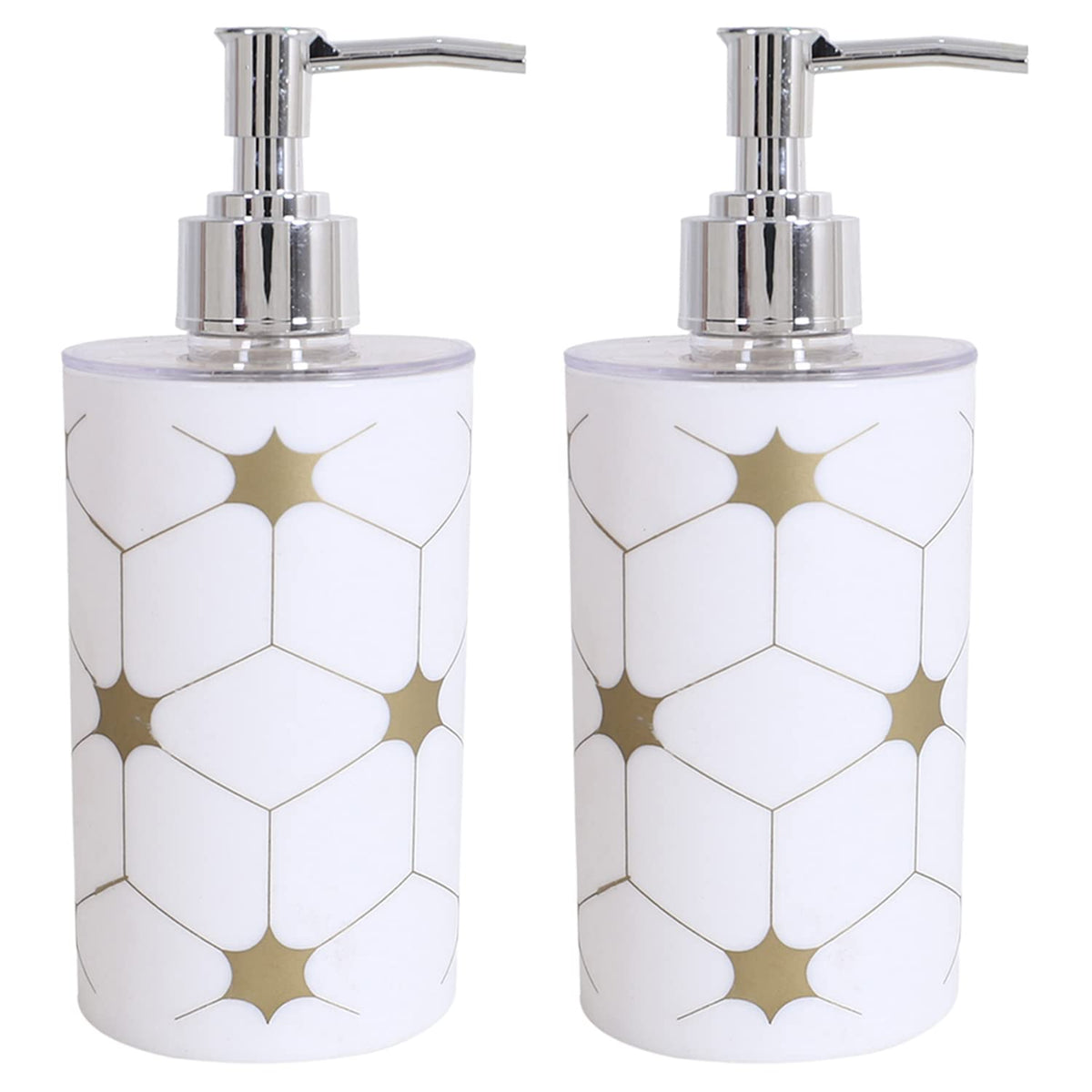 Kuber Industries Liquid Soap Dispenser|Star Print Plastic Empty Bathroom Sanitizer|Lotion|Shampoo Dispenser Bottle,300 ML,Pack of 2 (White)