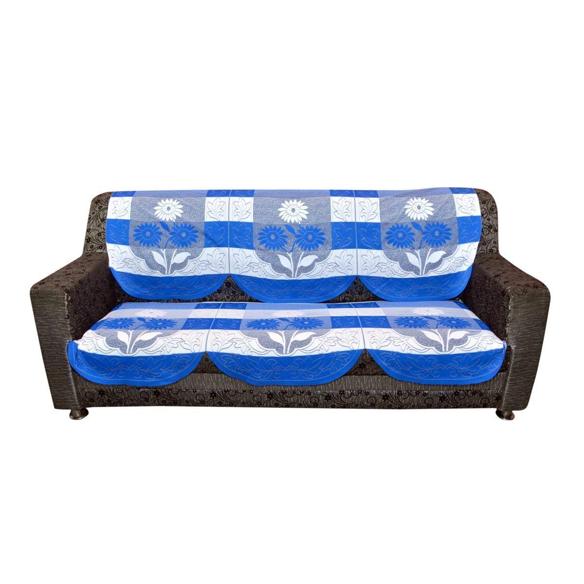 Kuber Industries Flower Cotton 7 Piece 5 Seater Sofa Cover with Center Table Cover (Blue) - CTKTC22284