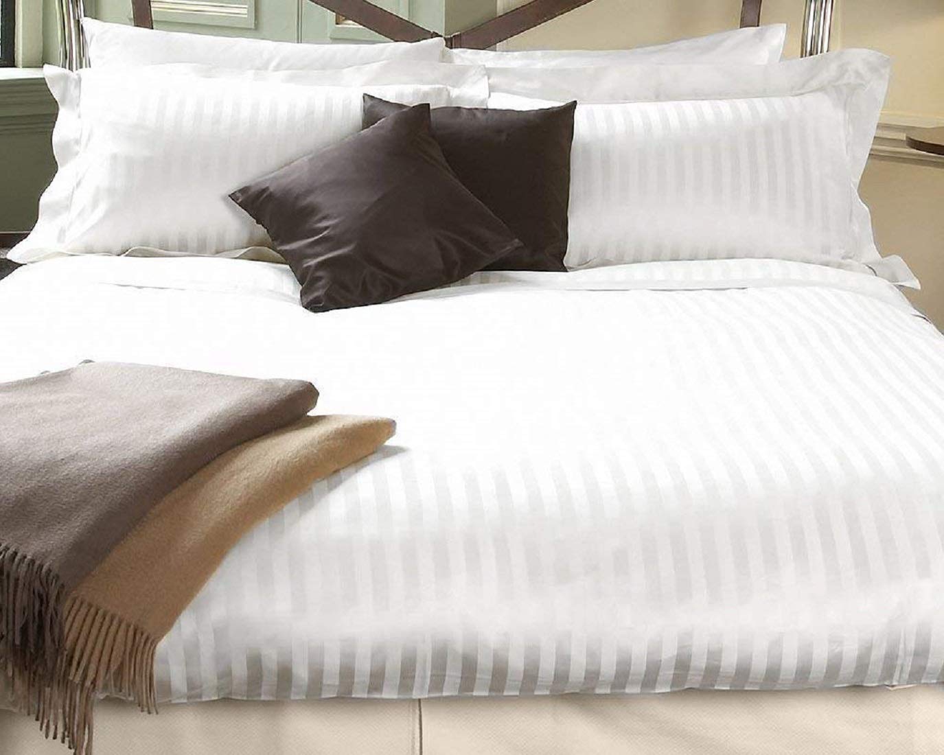 Kuber Industries Double Bedsheet with 2 Pillow Covers|Cotton Material & Satin Stripes|Size 254 x 228 CM (White)