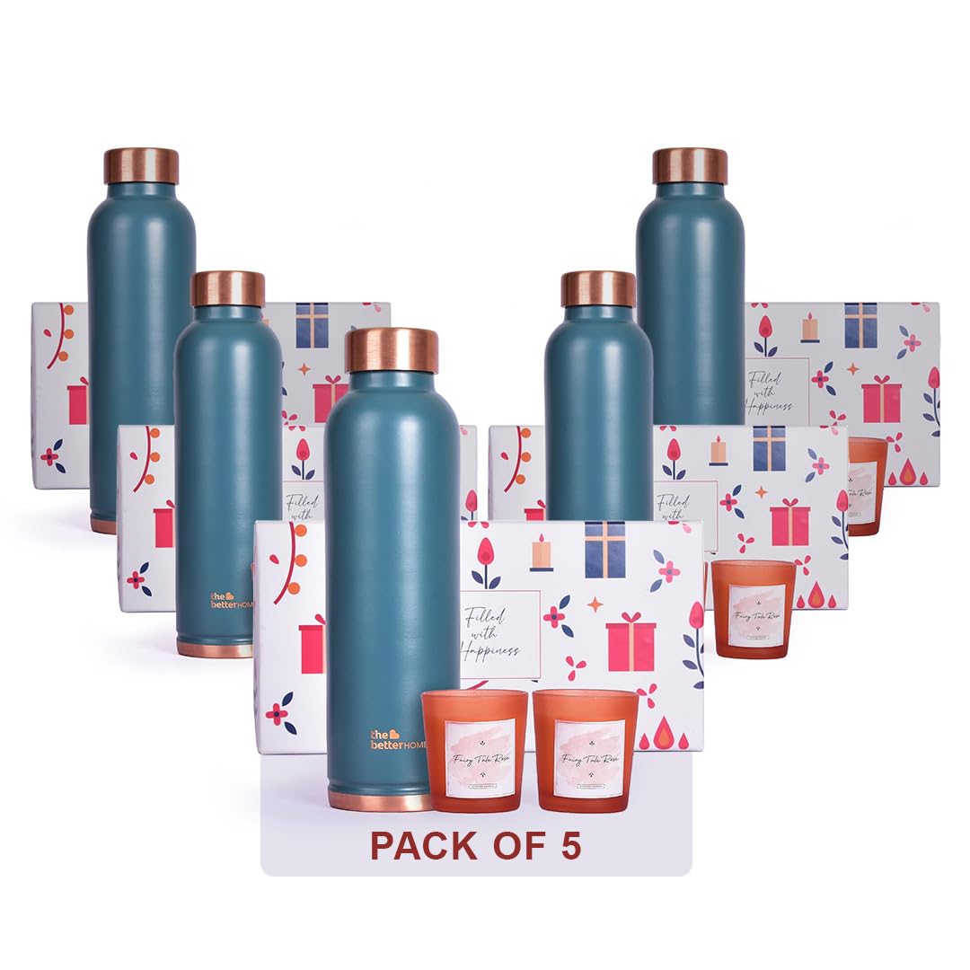 Gleevers Homely Aromas Gift for Rakhi,Housewarming,Diwali|Gift Box of 3 with Copper Bottle (Teal, 1 LTR) & 2 Candles (60gm) | Gift for Housewarming, Rakhi Gift, Diwali Gift (Pack of 5- Rose)