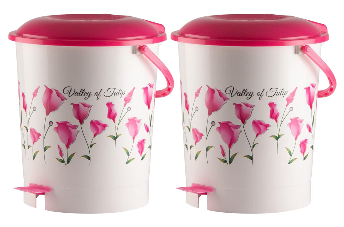 Heart Home Floral Printed Multiuses Plastic Pedal Dustbin, Waste Bin, Trash Can With Handle, 10 Litre- Pack of 2 (Pink)-47HH0765