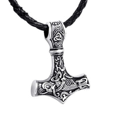 Yellow Chimes Pendant for Men Silver Men Pendant Thor's Hammer Mjolnir Braided Black Leather Rope Silver Pendant Necklace for Men and Boys.