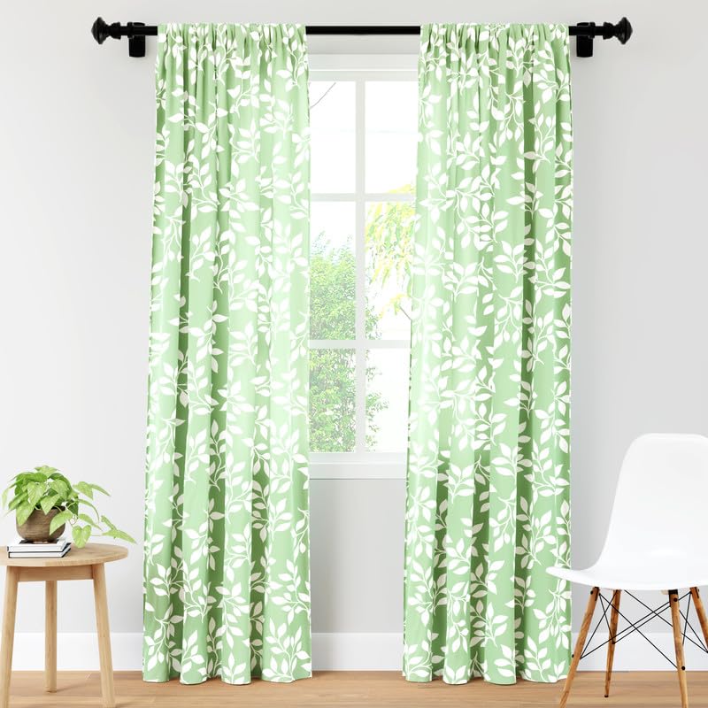 Encasa Homes Polyester Printed Door Curtain for 7 ft with Tie Back, Rod Pocket, Light-Filtering, Curtains for Kitchen, Bedroom, Living Room (140x213 cm), Reverse Leaf Green, Set of 2