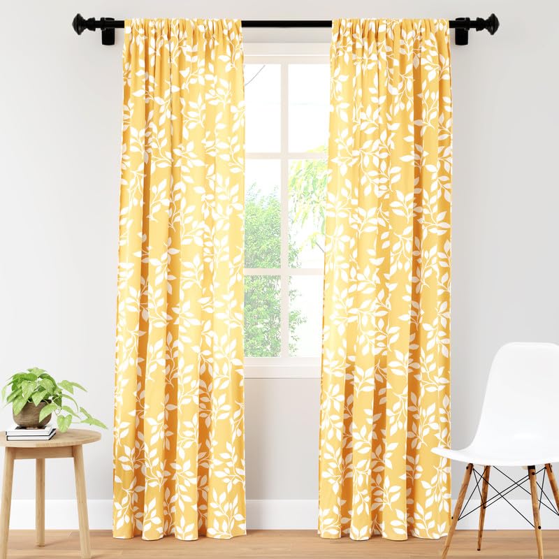 Encasa Homes Polyester Printed Door Curtain for 7 ft with Tie Back, Rod Pocket, Light-Filtering, Curtains for Kitchen, Bedroom, Living Room (140x213 cm), Reverse Leaf Yellow, Set of 2