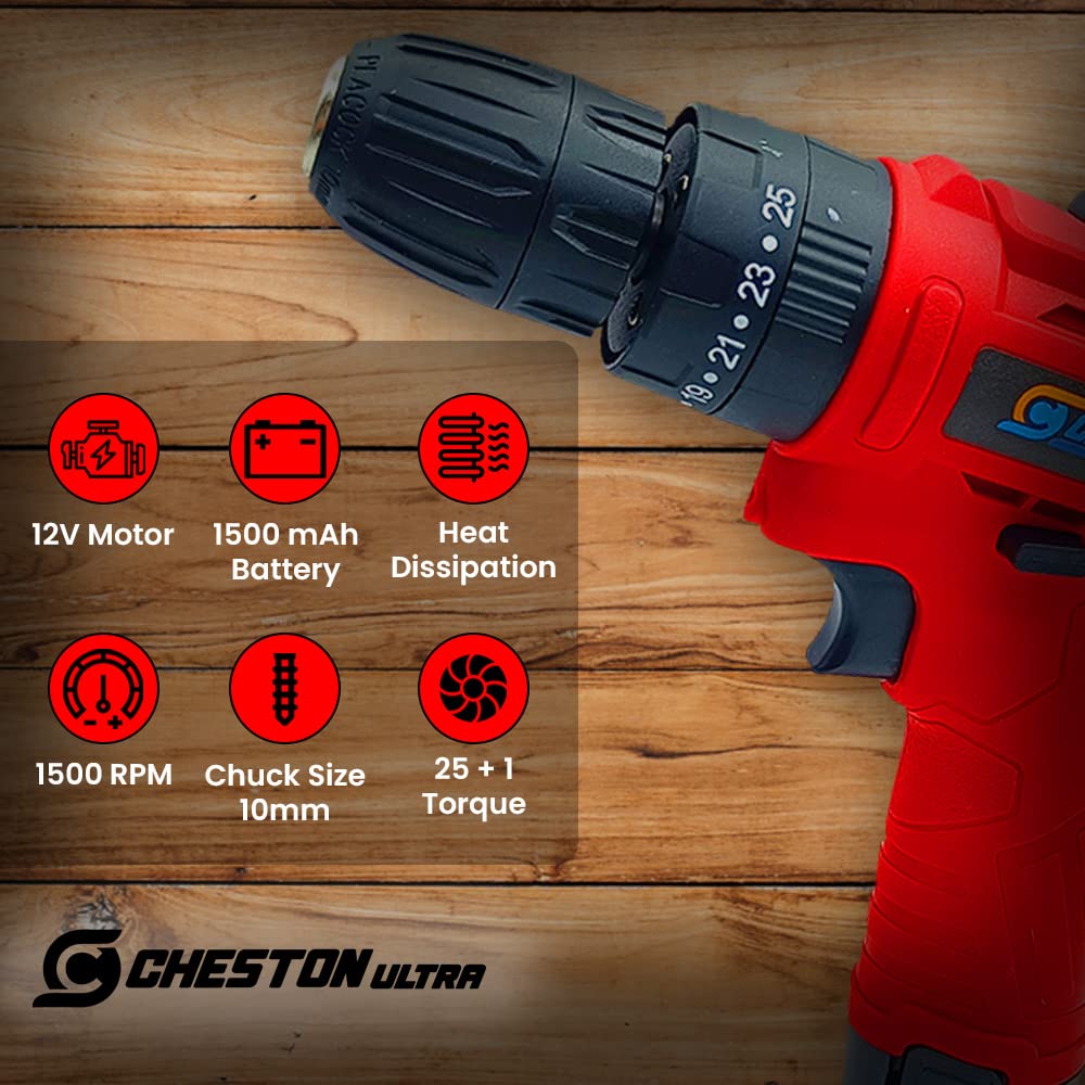 Cheston 12V Cordless Impact Drill Machine Screwdriver 10mm Keyless