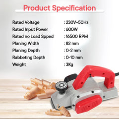 Cheston 600W Electric Planer 82mm 16000 RPM Hand Wood Planer Woodworking Machine | Copper Armature with Accessories (0-82mm)
