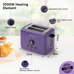 Fumato 1000W Bread Toaster 2 Slices with Bun Rack | Stainless Steel Auto Pop Up Toaster- 6 Heating Modes, Removable Crumb Tray, Extra Wide Slots | Cancel, Reheat & Defrost | 1 Yr Warranty- Purple