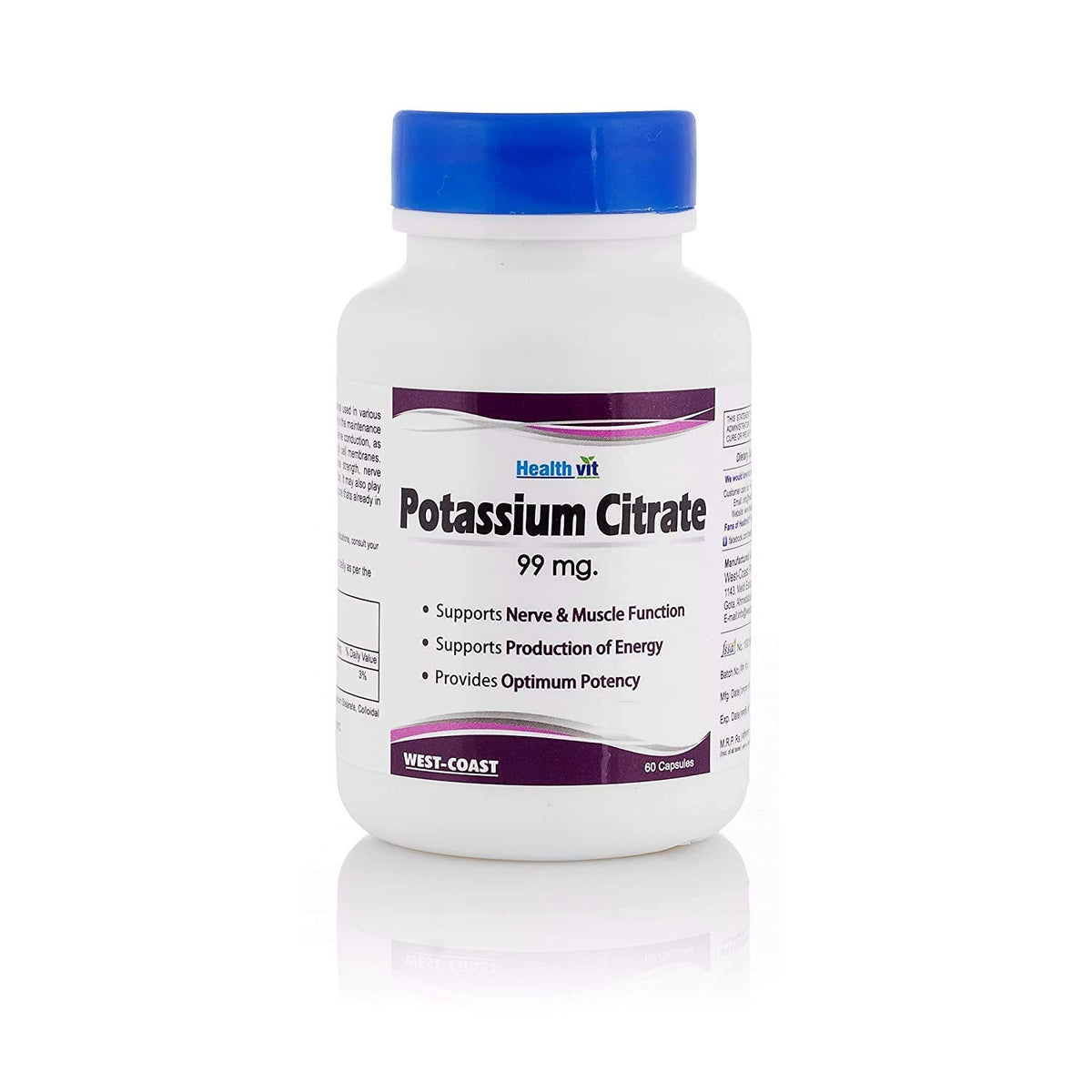 Healthvit Potassium Citrate 99mg For Supports Electrolyte Balance | Provides Optimum Potency | Supports Nerve & Muscle | Increase The Bone Mineral Density | Vegan And Gluten Free | 60 Capsule