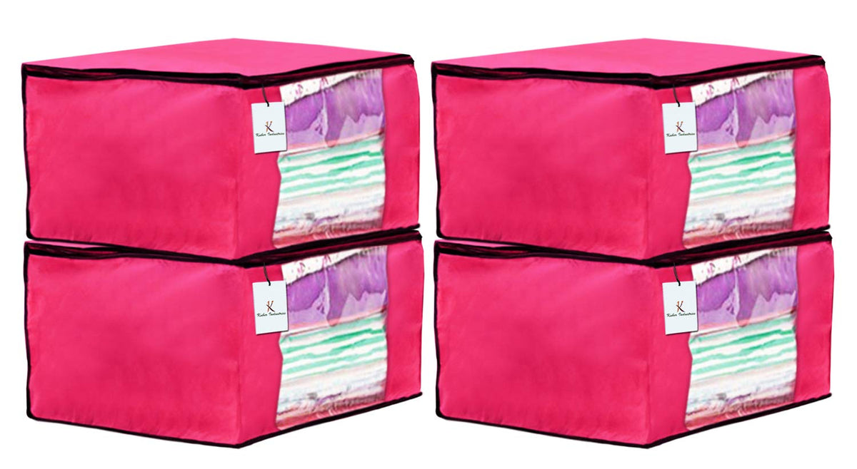 Kuber Industries 4 Piece Non Woven Fabric Saree Cover Set with Transparent Window, Extra Large, Pink-CTKTC23716