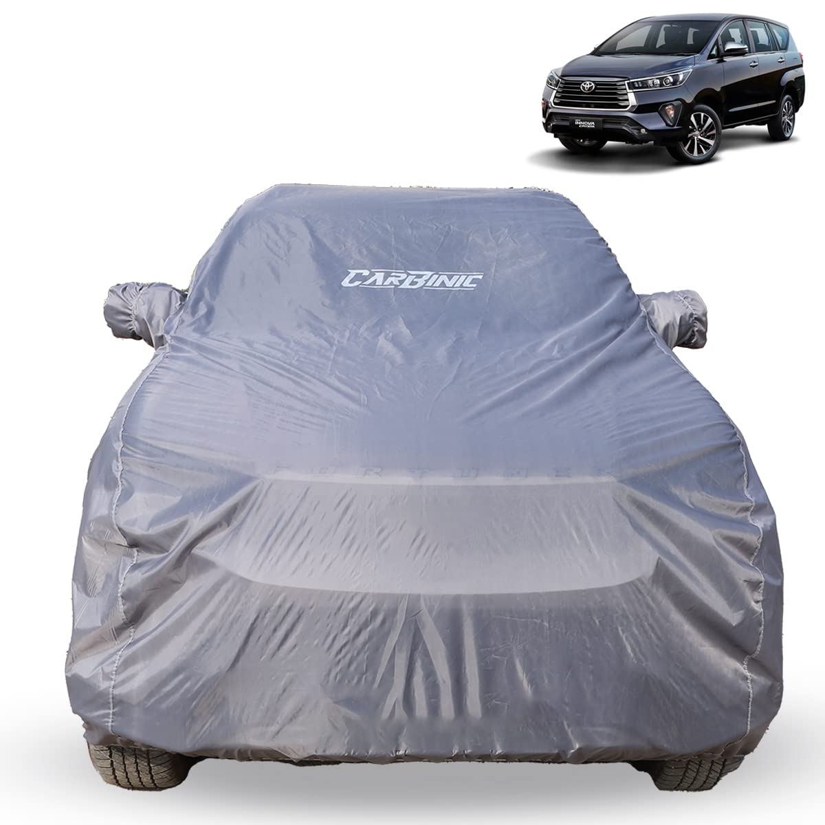 CARBINIC Car Cover for Toyota Innova Crysta 2021 Water Resistant (Tested) and Dustproof Custom Fit UV Heat Resistant Outdoor Protection with Triple Stitched Fully Elastic Surface | Grey with Pockets