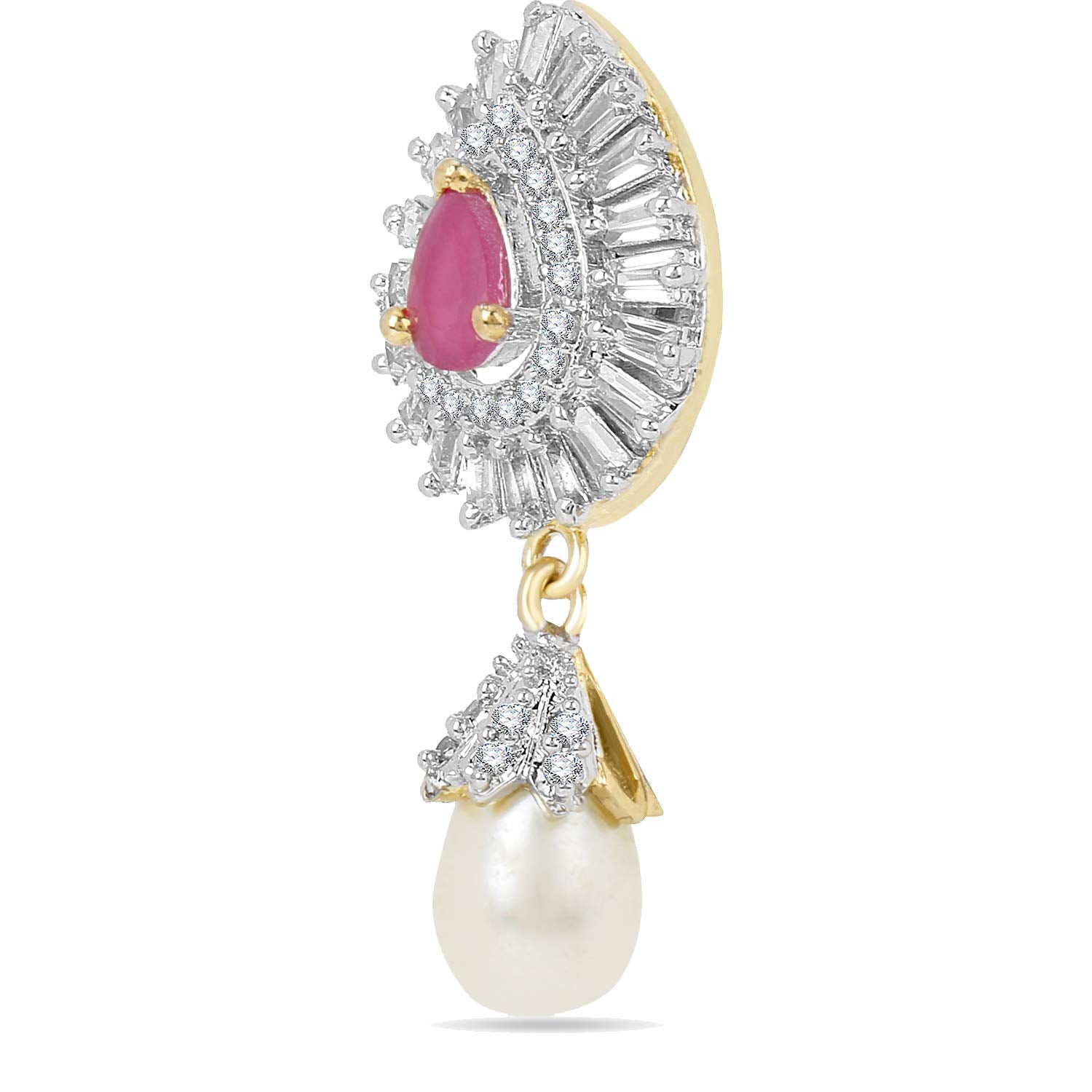 Yellow Chimes Elegant Pink AD/American Diamond Studded 18k Gold Plated HandCrafted Pearl Drop Earrings for Women & Girls