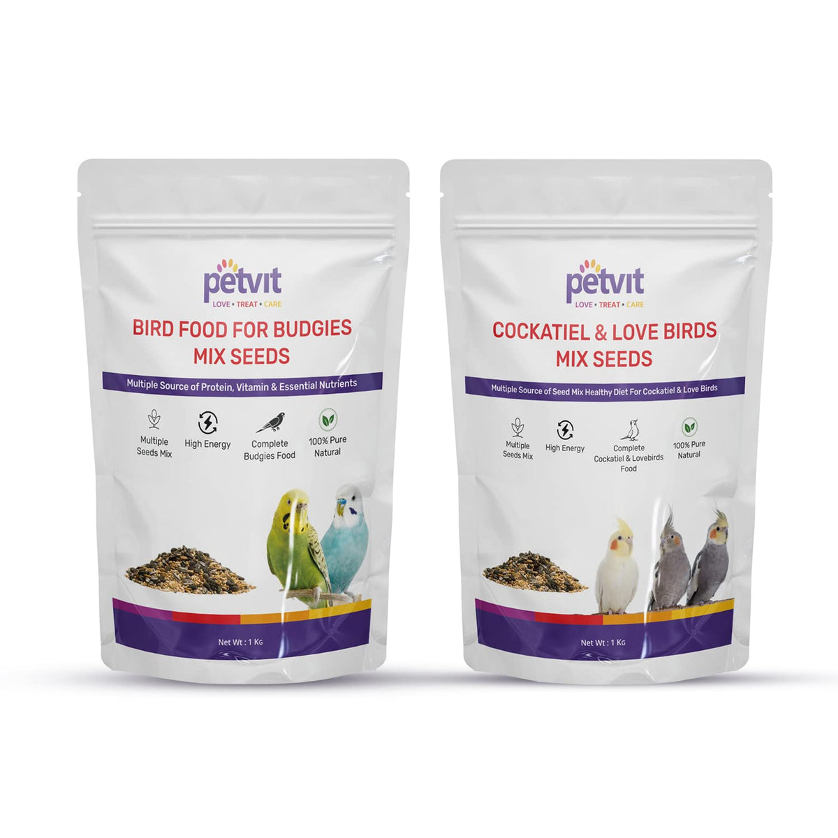 Petvit Bird Food for Budgies Mix Seed for All Budgies -1kg & Bird Food for Cockatiel & Lovebirds Mixed Seed for Healthy Diet for Cockatiel & Love Birds | 100% Pure Natural | High Energy - 1kg (Combo)