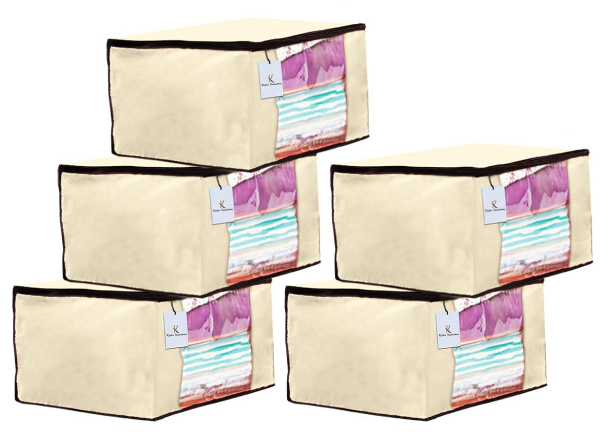 Kuber Industries 5 Piece Non Woven Fabric Saree Cover Set with Transparent Window, Extra Large, Ivory-CTKTC23686