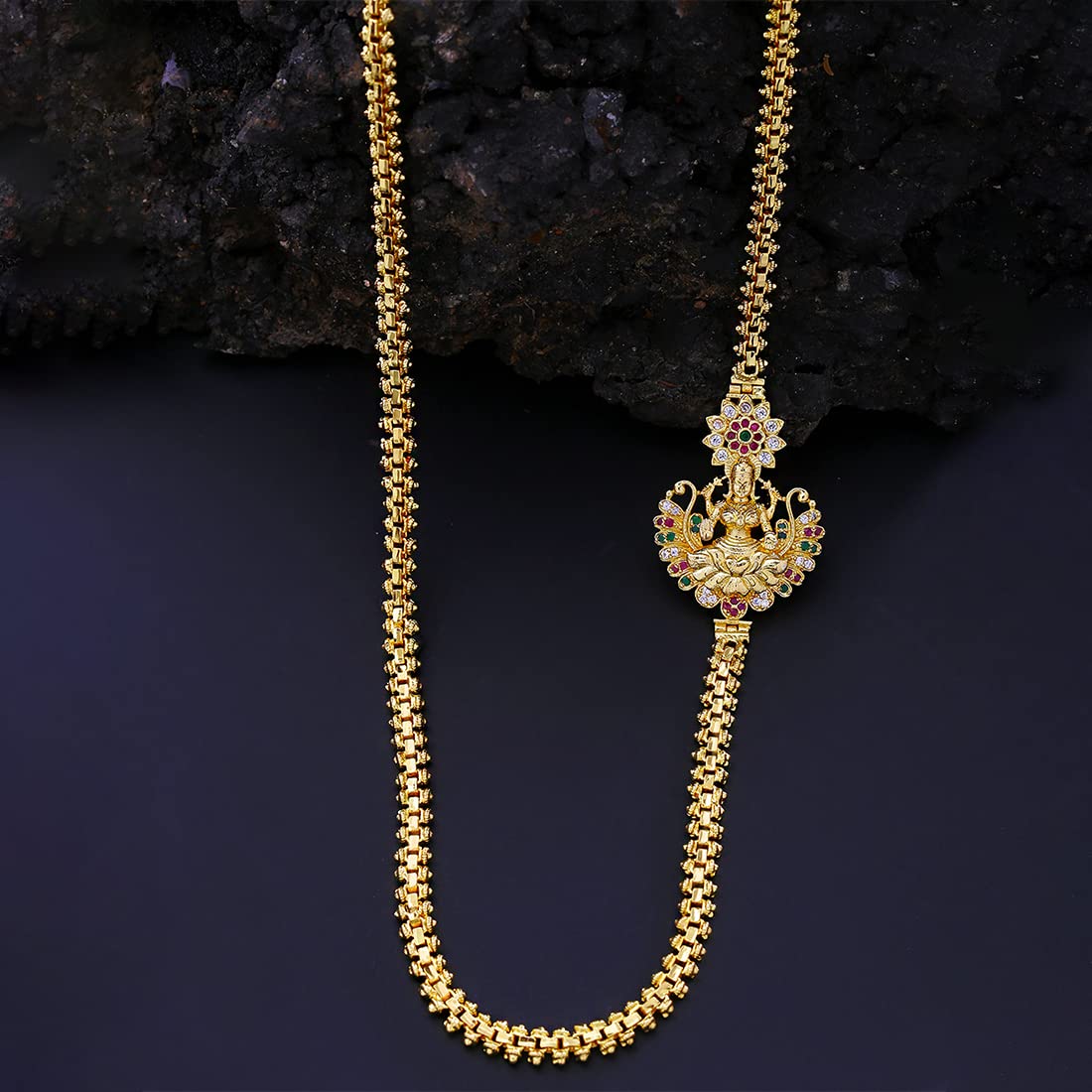 Yellow Chimes Classic AD/American Diamond Studded Gold Plated Necklace Lakshmi Mugappu Mopu Chain Thali chain Design with side Mugappu for Women and Girls