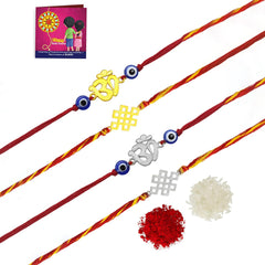 Yellow Chimes Rakhi for Brother | Combo of 4 Rakhi Set for Brother | Traditional Gold and Silver Plated Rakhi Set for Brother and Sister| Rakhi with Roli, Chawal and Greeting Card